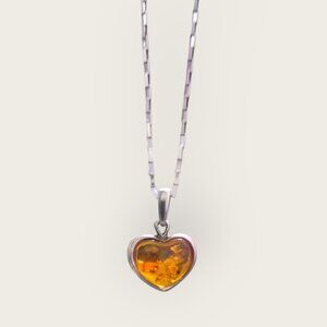 Sterling Silver JK Amber Heart Pendant & Necklace